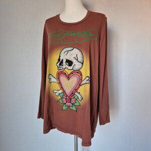 Ed Hardy by Christian Audigier Skull Hearth Jeweled T-Shirt Long Sleeve Brown